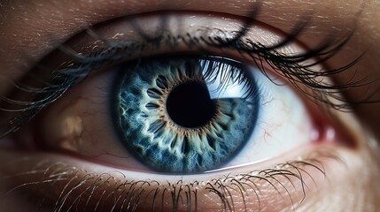 Close-Up View of a Blue and Grey Human Eye Blinking with Detailed Iris and Pupil for People - obrazy, fototapety, plakaty
