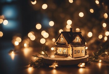 Christmas House decorated with glowing lights for winter holidays in vintage style Christmas tree ga - obrazy, fototapety, plakaty