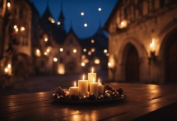 Christmas time Wooden table with candles in front of medieval Town Square in Christmas night Gothic