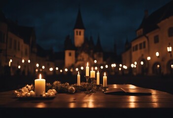 Fototapeta na wymiar Christmas time Wooden table with candles in front of medieval Town Square in Christmas night Gothic