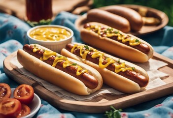 Grilled hot dogs with mustard ketchup and relish on a picnic napkin