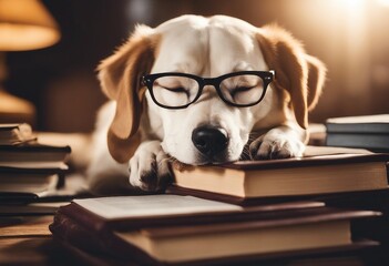 Happy cute dog with reading glasses fell asleep at the table with books Funny puppy dog Concept of c - obrazy, fototapety, plakaty