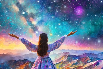 girl spreading hands to vibrant sky full of stars - obrazy, fototapety, plakaty