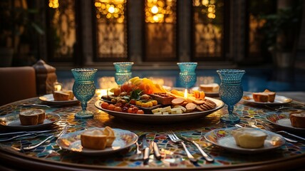 Traditional middle eastern iftar in an ancient courtyard, with intricate mosaics and antique silverware