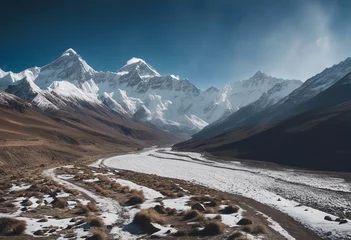 Papier Peint photo Everest Panoramic view of himalayas mountains Mount Everest Panoramic view of the snowy mountains in Upper M