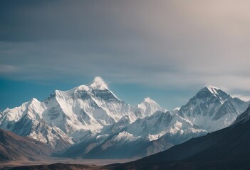 Panoramic view of himalayas mountains Mount Everest Panoramic view of the snowy mountains in Upper M - obrazy, fototapety, plakaty