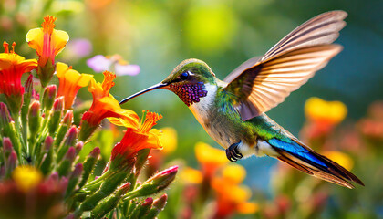 Beautiful Hummingbird Feeding on a Flower in a Wild Garden