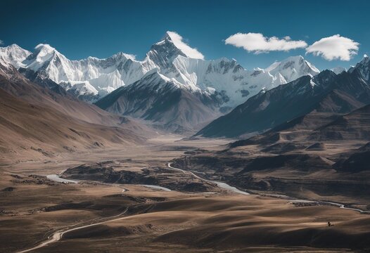 Panoramic view of himalayas mountains Mount Everest Panoramic view of the snowy mountains in Upper M
