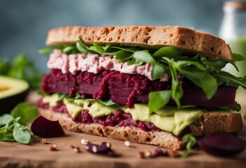 Vegan sandwiches with beetroot hummus sandwich with beet cheese avocado and arugula