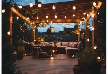 View over cozy outdoor terrace with outdoor string lights Summer evening on the patio of beautiful s - obrazy, fototapety, plakaty