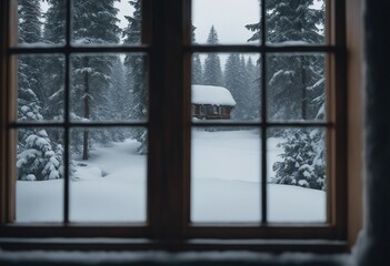 View through the window of a cottage into a snow covered winter forest landscape Snowy nature backgr