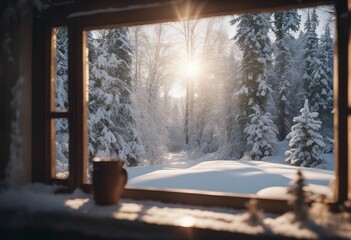 View through the window of a cottage into a snow covered winter forest landscape Snowy nature backgr