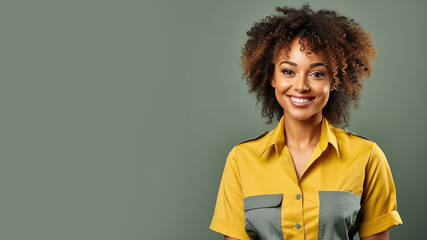 Obraz na płótnie Canvas Afro woman in public transportation uniform on pastel background