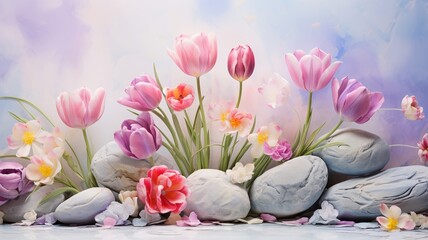 Serene and artistic arrangement of tulips emerging from textured rocks, with a palette of soft pastels against a tranquil sky