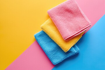 Closeup of heap of multicolored microfiber rags on striped background. Household supplies. Spring cleaning, housework and hygiene concept. Minimalistic design for banner, poster with copy space