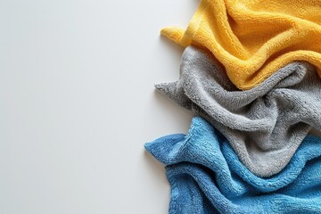 Closeup of heap of multicolored microfiber rags on gray background. Household supplies. Spring cleaning, housework and hygiene concept. Minimalistic design for banner, poster with copy space