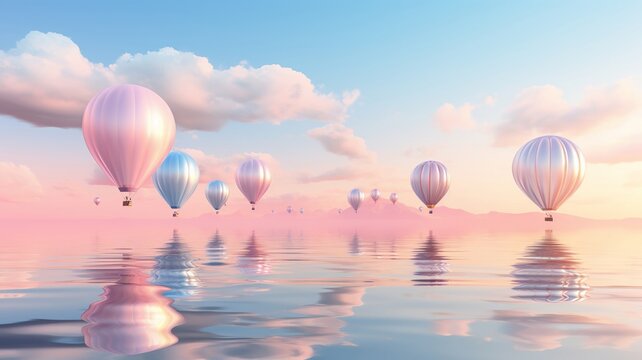 An ethereal scene with balloons of translucent material rising toward a soft, pastel rainbow in a dreamy, pastel sky