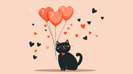 Cute black cat with balloons for Valentine's Day. Valentine's Day card