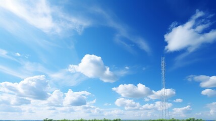 Sleek telecommunications tower standing tall against a backdrop of wispy clouds in a clear blue sky
