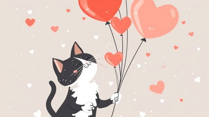 Cute black and white cat with balloons for Valentine's Day. Valentine's Day card - obrazy, fototapety, plakaty