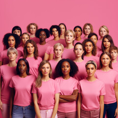 Group of diverse women wearing pink t-shirts on a pink background.