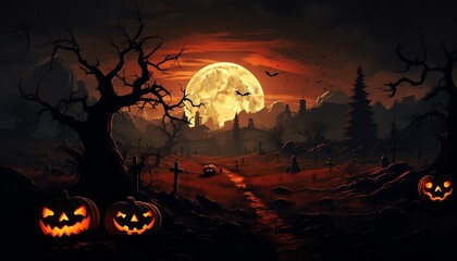 Halloween night scene with full moon, flying bats, jack-o'-lanterns, and spooky trees.