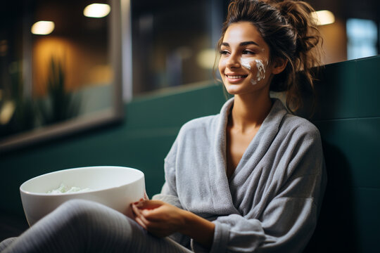 A woman sitting in the bathroom in foam with a moisturizing mask on her face