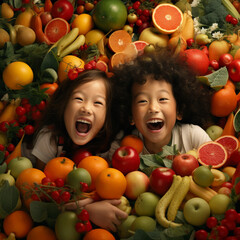 Fototapeta na wymiar Children surrounded by fruits.