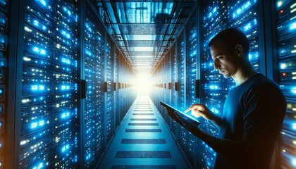 Technician monitoring servers in a blue-lit room, highlighting human interaction with advanced computing technology.
