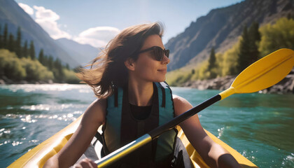 Active Female Tourist Enjoying Kayaking Adventure in Beautiful Lake Landscape