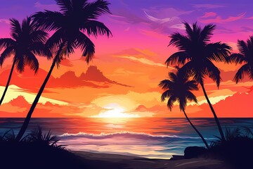 Tropical beach sunset with palm trees silhouetted against a gradient sky blending shades of orange, pink, and purple.