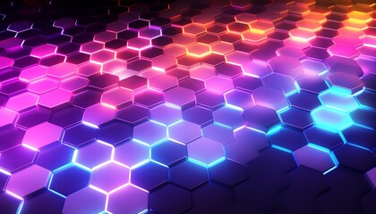 Abstract hexagonal background with a neon glow, transitioning from pink to blue. Suitable for technology or futuristic designs.