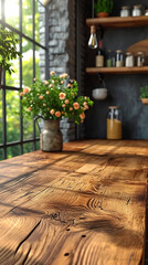 Blurred kitchen interior and wooden board place. AI generative