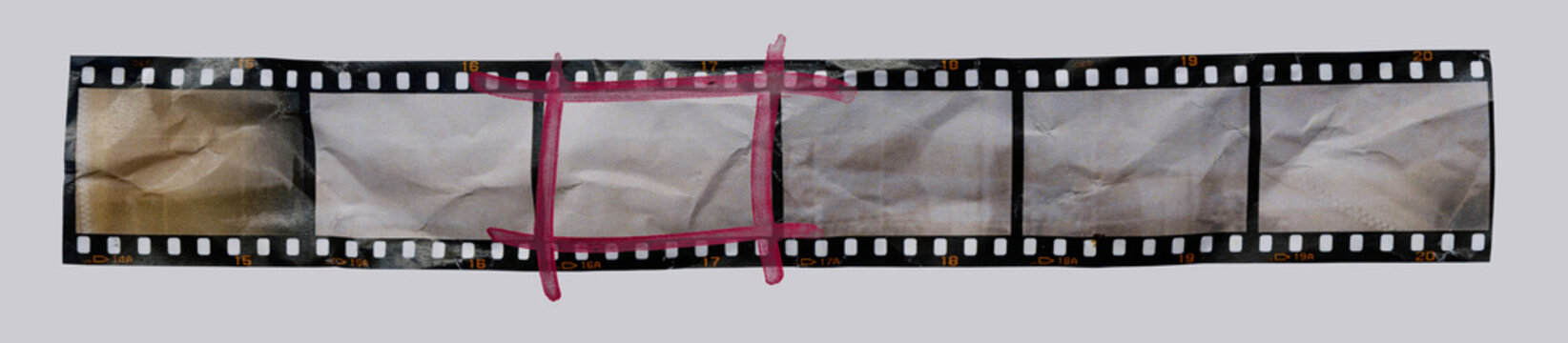 single retro 35mm positive strip printed on white crumpled paper with red selection marker, contact sheet strip with empty frames or film cells. cool cover or poster idea.