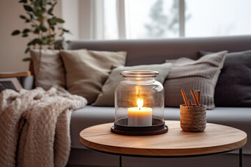 Fototapeta na wymiar Close-up view of a round glass jar with a burning candle on a rustic wooden coffee table, set in a minimalist loft-style modern living room.