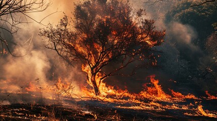A tree engulfed in inferno. Blaze in the woods impacting urban area and posing danger to vehicles with occupants. Deadly conflagration. - obrazy, fototapety, plakaty