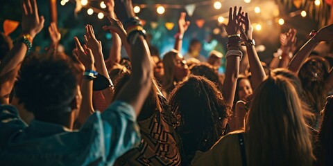 A diverse group of youths are grooving at a show, drinking and raising their hands in casual attire.