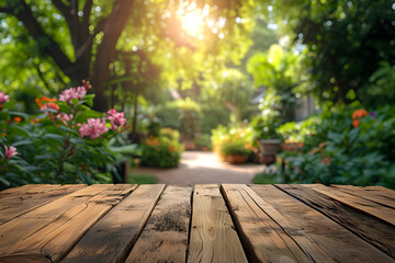 Empty Wooden Tabletop with Blurry Beautiful Flower Garden Background