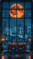 Skyscrapers and modern buildings with a full moon in the night background. AI Generative