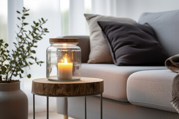 Fototapeta na wymiar Close-up view of a round glass jar with a burning candle on a rustic wooden coffee table, set in a minimalist loft-style modern living room.