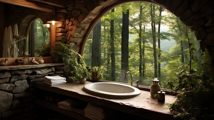 Fototapeta premium Rustic cabin bathroom with natural stone sink and a handmade wicker basket, surrounded by forest views through a large window
