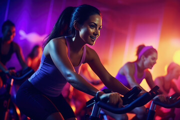 A group fitness class captured in action, featuring enthusiastic participants in a spinning and aerobics session, set in a vibrant gym studio.