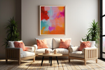A visually appealing interior living room mockup with solid colorful details and a blank empty frame, offering a tasteful and modern setting for your copy.