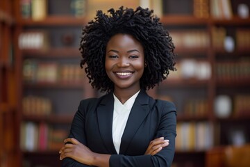 A confident African-American lawyer with crossed arms exuding empowerment and leadership in a law firm setting. - obrazy, fototapety, plakaty