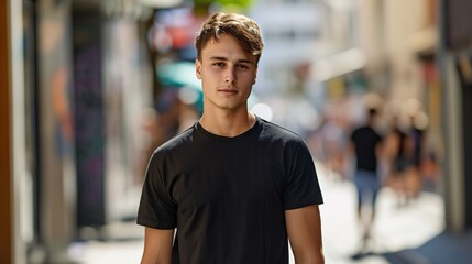 Fototapeta premium Young man wearing a black shirt and black shorts Generative AI