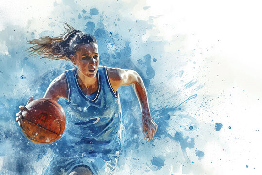 Basketball player in action, woman blue watercolor with copy space