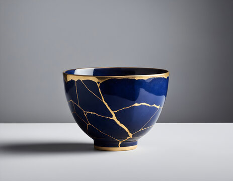 Kintsugi-Inspired Dark Blue Cup Shining Against a White Canvas