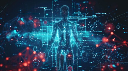 A 3D Anatomical Illustration of a Human Body with Blue Lights Generative AI - obrazy, fototapety, plakaty