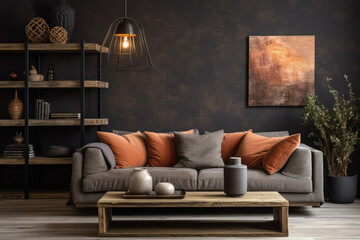 A beautifully designed farmhouse living room, featuring a rustic barn wood coffee table near a grey sofa with terra cotta pillows, set against a chic black wall.