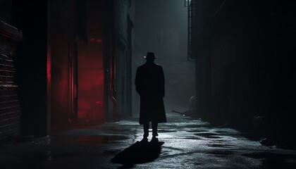 Mysterious silhouette of a man standing in a dark, foggy alley with red light in the background.